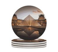 4PCS Louvre Museum in Paris Coasters Non-Slip Round Drink Coasters with Ceramic Stone and Cork Base, Heat Resistant Absorbent 33.00Stone Coaster Set for Kinds of Mugs and Cups, 4 Inch