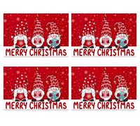 4PCS Lovely Gnome Placemats, Washable Linen Dining Table Mats for Xmas, Merry Christmas Red Table Mats Seasonal Farmhouse Home Party Indoor Kitchen Decoration