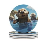 4PCS Lovely Sea Otter Print Coasters Non-Slip Round Drink Coasters with Ceramic Stone and Cork Base, Heat Resistant Absorbent 33.00Stone Coaster Set for Kinds of Mugs and Cups, 4 Inch