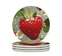 4PCS Lovely Strawberry Coasters Non-Slip Round Drink Coasters with Ceramic Stone and Cork Base, Heat Resistant Absorbent 33.00Stone Coaster Set for Kinds of Mugs and Cups, 4 Inch