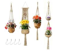 4Pcs Macrame Plant Hanger, Cotton Rope Hanging Basket, Boho Decor Flower Pot Holder with Hanging Hooks for Indoor Outdoor Garden Home Balcony Decor, Brown