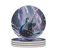 4PCS Magic Electric Guitar Music Coasters Non-Slip Round Drink Coasters with Ceramic Stone and Cork Base, Heat Resistant Absorbent 33.00Stone Coaster Set for Kinds of Mugs and Cups, 4 Inch