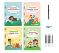 4Pcs Magical Handwriting Practice Book Set with Grooved Writing & Math Exercises for Preschoolers Kids Ages 3-5 Fine Motor Skills Training Copybook