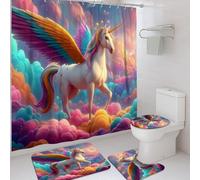 4Pcs Magical Horse Shower Curtain Set, Colorful Fantasy Bathroom Decor Accessories, Dreamy Modern Waterproof Fabric Shower Curtain Set with Hooks 72x72 Inch