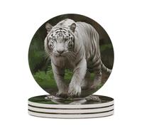 4PCS Majestic White Bengal Tiger Coasters Non-Slip Round Drink Coasters with Ceramic Stone and Cork Base, Heat Resistant Absorbent 33.00Stone Coaster Set for Kinds of Mugs and Cups, 4 Inch