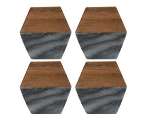 4Pcs Marble Acacia Coaster Half & Half Brown & Grey Tableware Kitchen Drink Mats