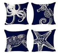 4PCS Marine Animals Throw Pillow Cover White Doodle Sea Octopus Seahorse Turtle Starfish Blue Cotton Linen Decorative Throw Pillow Case Personalized Cushion Cover for Sofa Couch Bed Square 18 Inches