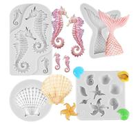 4PCS Marine Theme Cake Fondant Silicone Mold, Mermaid Theme Silicone Baking Molds, Mermaid Tail, Shells, Seahorse Candy Chocolate Baking Molds for Mermaid Cake Decorations, Chocolate, Candy