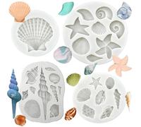 4Pcs Marine Theme Cake Fondant Silicone Mold, Seashell Conch Starfish Baking Molds, Silicone Baking Moulds for Cake Cookie Chocolate Candy Decoration Clay Crafting