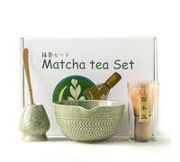 4pcs Matcha Set, Japanese Tea Set Includes Matcha Bowl with Spout, Matcha Whisk Holder, Bamboo Matcha Whisk and Bamboo Scoop, 17 oz Mottled Tea Green Glaze Ceramic Matcha Kit for Tea Lovers