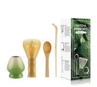 4pcs Matcha Set, Matcha Whisk Set - Matcha Whisk Plastic(Yellow), Whisk Holder, Scoop - Japanese Tea Ceremony Set for Home Use or as a Gift, Kiln-Change Green