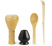 4pcs Matcha Set, Matcha Whisk Set - Yellow Resin Matcha Whisk, Bright Black Whisk Stand, Long & Round Bamboo Scoop - Traditional Japanese Tea Ceremony Set, Perfect for Home Use or as a Gift