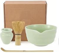 4Pcs Matcha Whisk Set, Handmade Matcha Making Kit with Ceramic Matchas Bowl, Whisks, Whisk Holder, and Bamboo Scoop, Ideal Matcha Gift Set for Beginners, Enthusiasts (Green)