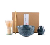 4Pcs Matcha Whisk Set, Matcha Tea Set, Elegant Matcha Set Includes Matcha Bowl with Spout and Whisk, Matcha Whisk Stand, Bamboo Matcha Whisks and Spoon (Blue,Black)