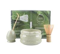 4Pcs Matcha Whisk Set, Matcha Tea Set with Whisk and Bowl, Matcha Spoon, Whisk Holder, 500ml Ceramic Bowl with Pouring Spout, Handmade Matcha Making Kit for Tea Drinking(Green)