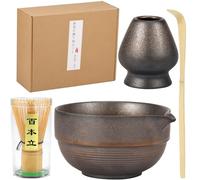 4Pcs Matcha Whisk Set, Matcha Whisk and Bowl Set, Complete Japanese Tea Starter Making Kit with Spoon, Holder, Mixer and Bowl with Pouring Spout for Tea Lovers (Brown)