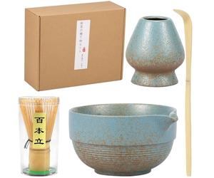4Pcs Matcha Whisk Set, Matcha Whisk and Bowl Set, Complete Japanese Tea Starter Making Kit with Spoon, Holder, Mixer and Bowl with Pouring Spout for Tea Lovers (Grey Blue)