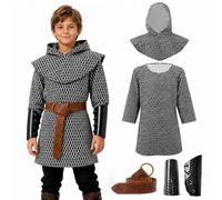 4Pcs Medieval Knight Costume Kids Chainmail Tunic Halloween Warrior Outfit | Renaissance Viking Cosplay Set,Tunic Hood Belt Bracers,Halloween Cosplay,Carnival,Stage Party,Festival Fancy Dress,4-12 Years
