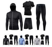 4Pcs Mens Running Gym Set Clearance, Fitness Workout Compression Underwear Sets, Hooded Outwear+Base Layers Shirts+Loose Shorts+Compression Trousers Quick Dry Activewear for Workout Training Running
