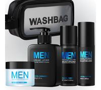 4PCS Mens Skincare Set with Black Makeup Bag-24H Oil Control & Hydration Kit with Facial Cleanser, Toner, Lotion & Sleeping Mask, Travel-Friendly Post Shave Relief & Pore Refining Gift Set for Him