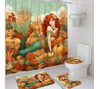 4Pcs Mermaid Shower Curtain Set, Aqua Green Orange Floral Bath Mat Rugs Accessories for Bathroom Decor, Autumn Modern Waterproof Fabric Shower Curtain Set with Hooks 72x72 Inch