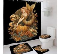 4Pcs Mermaid Shower Curtain Set, Black Gold Floral Bath Mat Rugs Accessories for Autumn Decor, Modern Waterproof Fabric Shower Curtain Set with Hooks 72x72 Inch