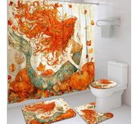 4Pcs Mermaid Shower Curtain Set, Orange Green Fall Autumn Pumpkin Bath Mat Rugs Accessories for Bathroom Decor, Modern Waterproof Fabric Shower Curtain Set with Hooks 72x72 Inch
