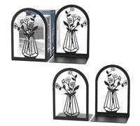 4Pcs Metal Book Ends, Heavy Duty Decorative Bookends for Shelves, Anti Slip Flower Book Stopper and L-shaped Desktop Book Holder for Students Home Office Library (Black, 2Pairs)