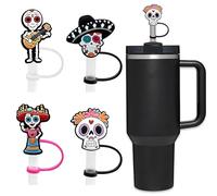 4PCs Mexican Skull & Character Silicone Straw Toppers - 10mm Dust - Proof Reusable Covers for Stanley Cup & More, Festive Drink Accessories