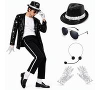 4Pcs Michael Jackson Costume, Fedora Hat Sunglasses Glove, Microphone | Classic 80s Dancer Rocker Star Cosplay Set, For Themed Parties, Holloween and Performances