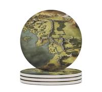 4PCS Middle Earth Map Coasters Non-Slip Round Drink Coasters with Ceramic Stone and Cork Base, Heat Resistant Absorbent 33.00Stone Coaster Set for Kinds of Mugs and Cups, 4 Inch