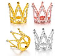 4Pcs Mini Crown Cake Topper, Small Crystal Crown Tiara, Glitter Rhinestone Princess Queen Birthday Cake Decorations Hair Accessories for Girls Kids Birthday Baby Shower Party