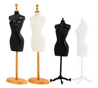 4pcs Mini Doll Dress Mannequin Stand Set - Mixed Base Styles Plastic Clothes Display Models - Black and White Detachable Gown Form Holders for Miniature Dollhouse Accessories and DIY Sewing