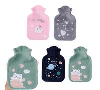 4Pcs Mini Hot Water Bottle, Small Hot Water Bottles with Cover, Cute Hot Water Bottle, 17cm x 11cm, Grey Sakura Cat, Pink Cloud, Green Bear, Green Planet