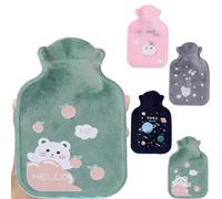 4Pcs Mini Hot Water Bottle, Small Hot Water Bottles with Cover, Cute Hot Water Bottle, 17cm x 11cm, Grey Sakura Cat, Pink Cloud, Green Bear, Green Planet