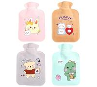 4PCS Mini Hot Water Bottle with Cover, Small Hot Water Bottle Set for Pain Relief, Warm Hands in Winter, Office Home Use, Cute Designs (Bunny, Dinosaur, Bear, Cat) 350ml