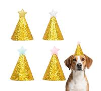 4pcs Mini Party Hats for Pets & Toy Stuffed Animals - 4 Color Star Topped Sparkly Gold Sequin Dog Hat Adjustable Birthday Hats Puppy Kitten Cats Rabbits Teddy Pet Costume Accessories