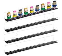 4PCS Minifigure Display Case Holds Up to 96 Figures, Clear Acrylic Floating Shelf Display with Brick Building Baseplates and No-Punch Sticker, Figure Display Cabinet Wall Mount, Minifig Organizer