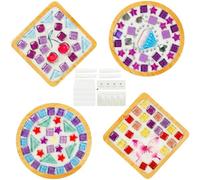4Pcs Mixed Color Glass Tile Kit, DIY Glass Mosaic Tiles for Crafts, Mosaic Craft Cup Pad Kit, Handmade Coasters Making Set, with Bamboo Cup Pad for Decoration Present Square + Round(Purple)