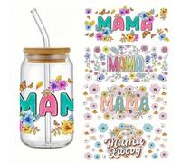 4pcs Mom Flower UV DTF Cup Wraps Transfer Waterproof Sticker for Glass Cups Furniture Craft DIY Crafts，Rub on Transfer Stickers for DIY Water Bottle Laptop Decal Wood Car