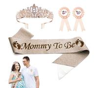 4pcs Mommy to Be Sash Set, Mommy to Be Crown and Sash with Corsage for Pregnant Mommy and Daddy Mom to Be Baby Shower Decoration (Rose Gold)