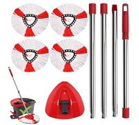 4pcs Mop Replacement Heads with Mop Rod, Microfiber Head Refills Mop Head Washable Triangle Swivel Mop Durable Mop, Easy Cleaning(white+red)