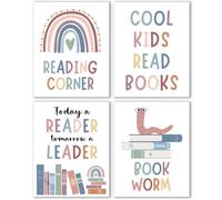4pcs Motivational Reading Posters Wall Art Prints Decor For Classroom Read Corner School Nursery Library - Cool Kids Read Book, Boho Bulletin Decorations for Kids Reading Nook 8x10in, Unframe
