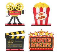 4pcs Movie Night Decorations, Theme Party Decorations Wooden Centerpieces Sign Movie Party Cards Table Toppers Movie Props Movie Theme Decor for Party Supplies