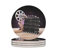 4PCS Movies Clapperboard Coasters Non-Slip Round Drink Coasters with Ceramic Stone and Cork Base, Heat Resistant Absorbent 33.00Stone Coaster Set for Kinds of Mugs and Cups, 4 Inch