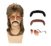 4Pcs Mullet Wigs Set for Men, Mullet Wig Brown Pop Rock Wigs for 80s Wig, Brown Wave Mullet Wig Suitable for Halloween Costume Rock Party Role Play Costume(With Sunglasses & 2 Fake beard)