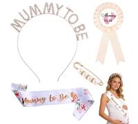4PCS Mummy to Be Sash Set, Mum to Be Sash Set Include Mummy Sash, Crown Headband, Badge and Pin, Baby Shower Party Decoration & Maternity Gifts for Expecting Mum