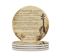 4PCS Music Notes Coasters Non-Slip Round Drink Coasters with Ceramic Stone and Cork Base, Heat Resistant Absorbent 33.00Stone Coaster Set for Kinds of Mugs and Cups, 4 Inch