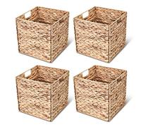 4PCS Natural Woven Hyacinth Storage Baskets Bin with Iron Wire Frame, Wicker Cubes Baskets Set，Multipurpose Collapsible Storage Organizer, Handwoven Laundry Totes for Bedroom, Living Room, Bathroom