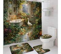 4Pcs Nature Inspired Shower Curtain Set, Green Beige Floral Bath Mat Rugs Accessories for Bathroom Decor, Spring Modern Waterproof Fabric Shower Curtain Set with Hooks 72x72 Inch